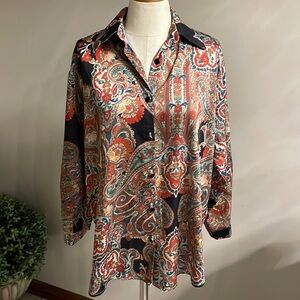 SHEIN multi paisley floral Boho satin feel button down shirt oversized Small